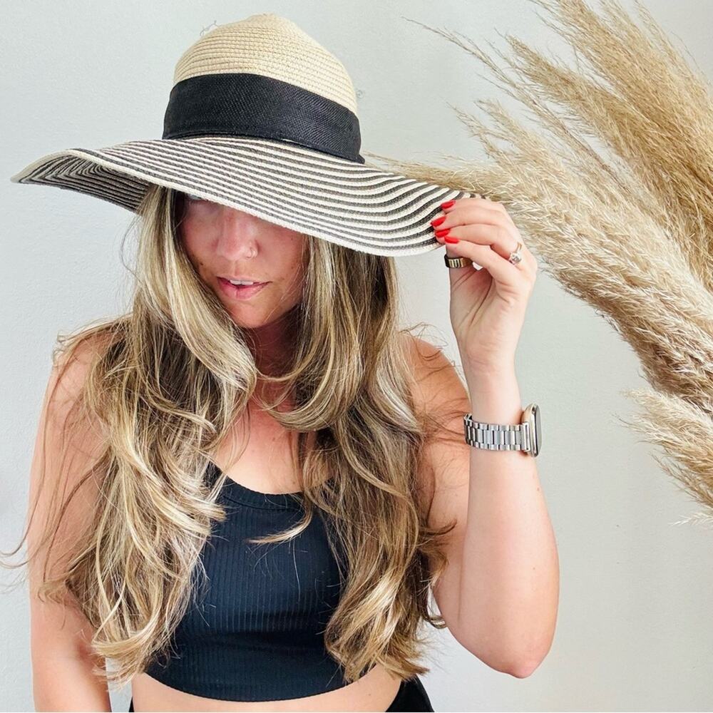 VINTAGE NORDSTROM Cream Tan Straw Wide Brim Floppy Black Bow Ribbon Sun Hat - Picture 1 of 9